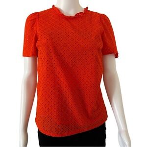 J.Crew Red Orange Short Puff Sleeve Eyelet Blouse Top Size XXS